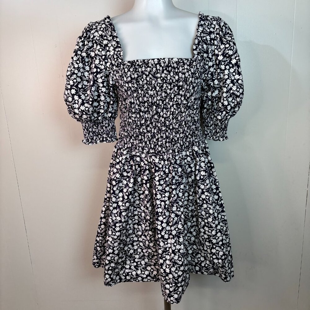 MSK‎ Dress Large Navy Blue Floral Smocked Puff Sleeves Square Neck Sundress